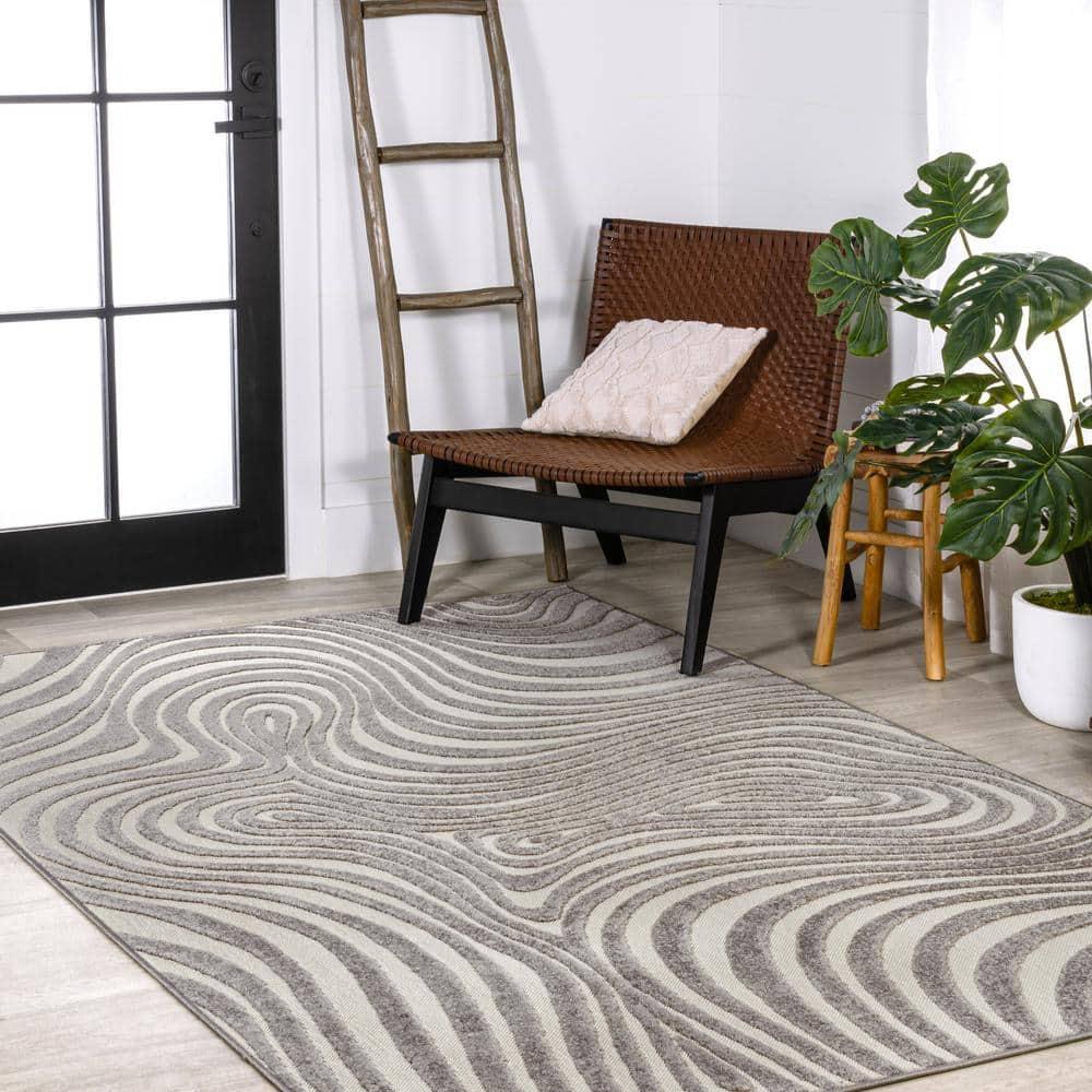 JONATHAN Y Maribo High-Low Abstract Groovy Striped Gray/Ivory 5 ft. x 8 ft. Indoor/Outdoor Area Rug