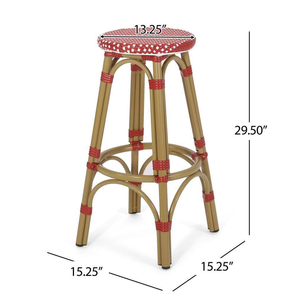 Wilbur Aluminum and Wicker Outdoor 29.5 Inch Barstools, Set of 2, Red, White, and Bamboo Finish