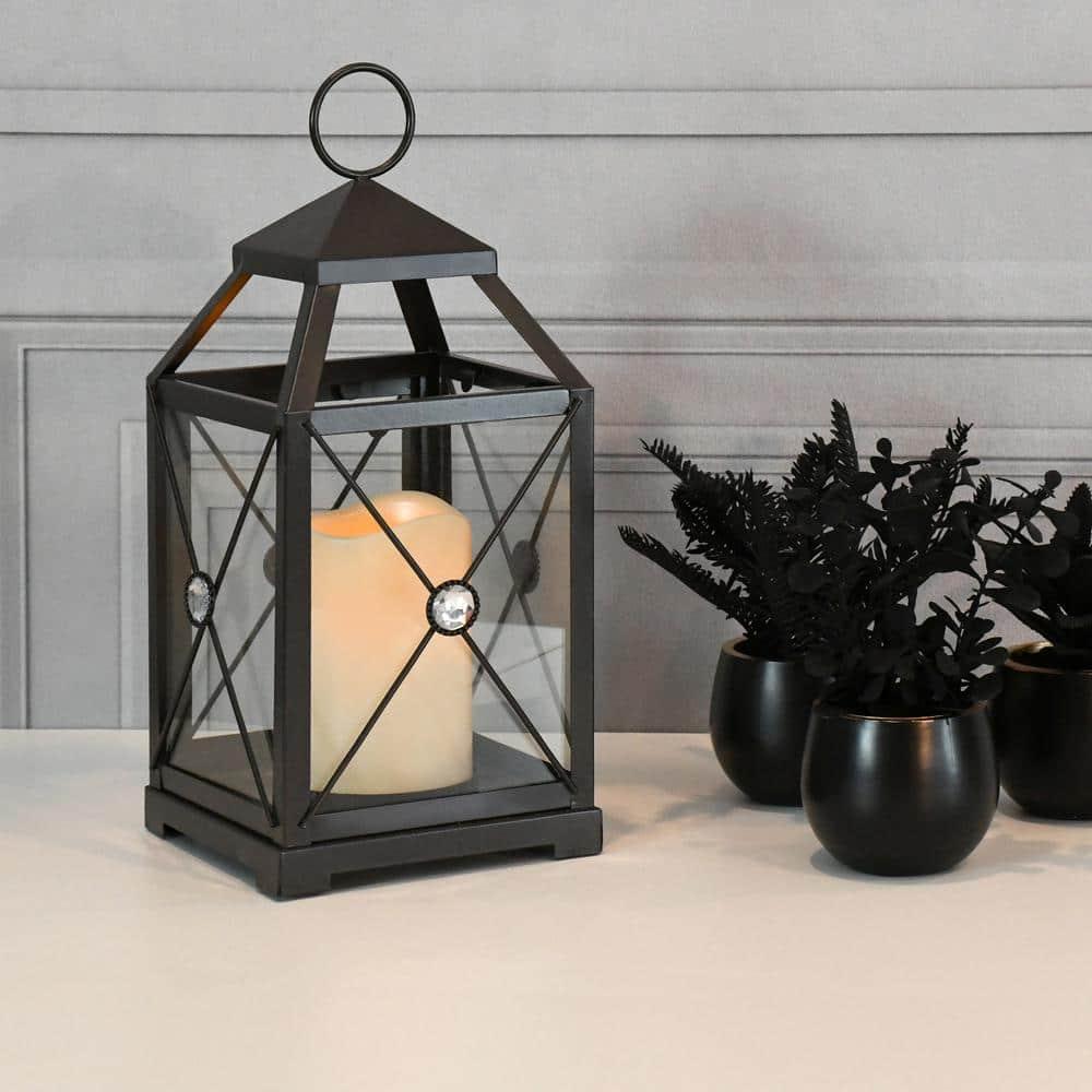 LumaBase Black Gem Metal Lantern with Battery-Operated Candle