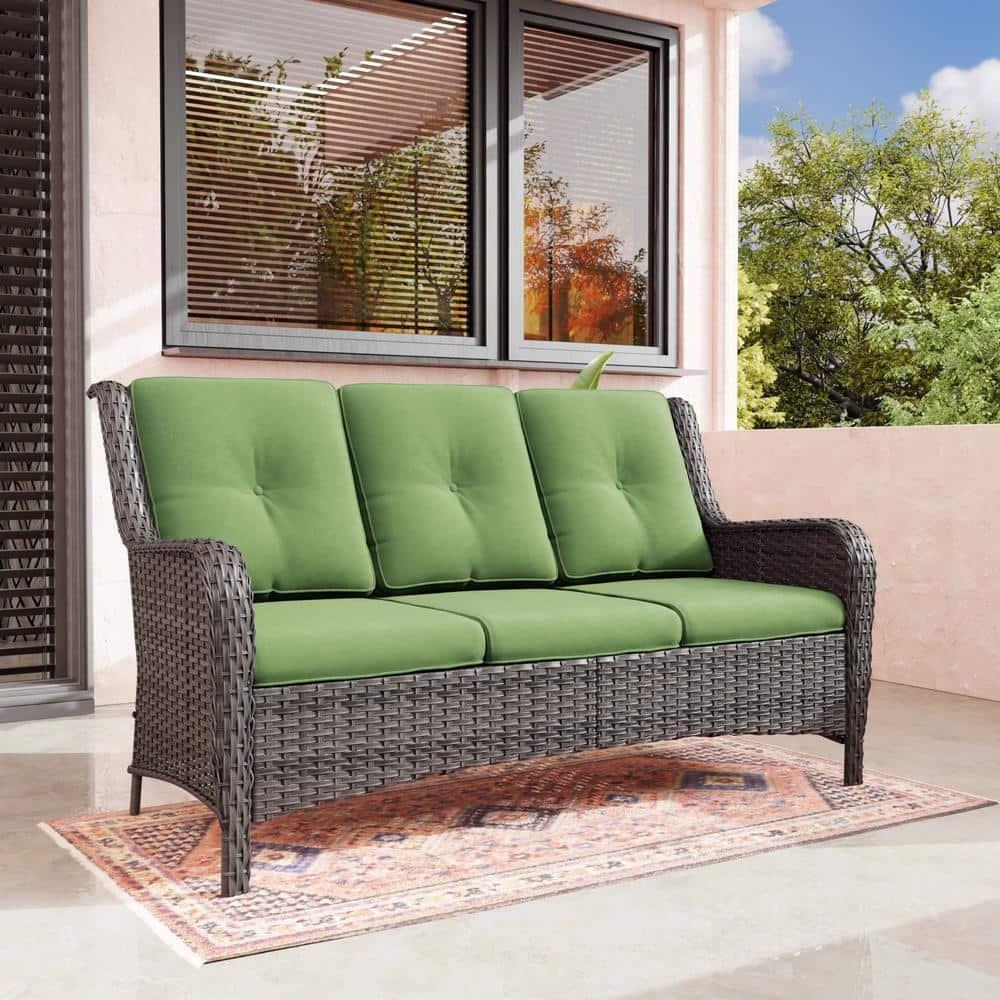 3-Seat Wicker Outdoor Patio Sofa Sectional Couch with Green Cushions