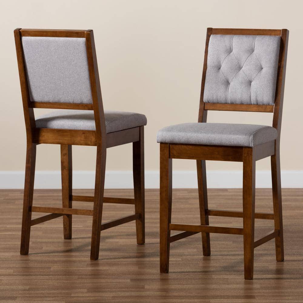 2pc Gideon Fabric Upholstered and Wood Counter Height Barstool Set Gray/Walnut Brown - Baxton Studio: Polyester, Fixed Height, Rectangle Shape
