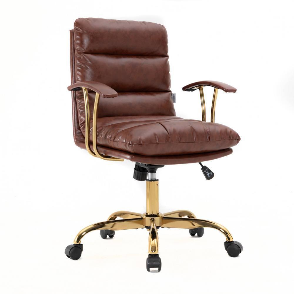 LeisureMod Regina Single Ergonomic Padded Leather Lumbar Support Adjustable Height Swivel Executive Office Chair with Gold Steel Frame