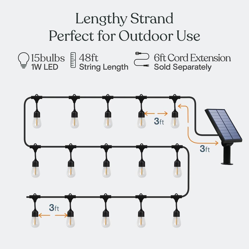 Brightech Ambience Pro 48 ft. Solar-Powered Outdoor LED String Lights with 15 Warm White S14 Bulbs, Weatherproof and Commercial-Grade Cord