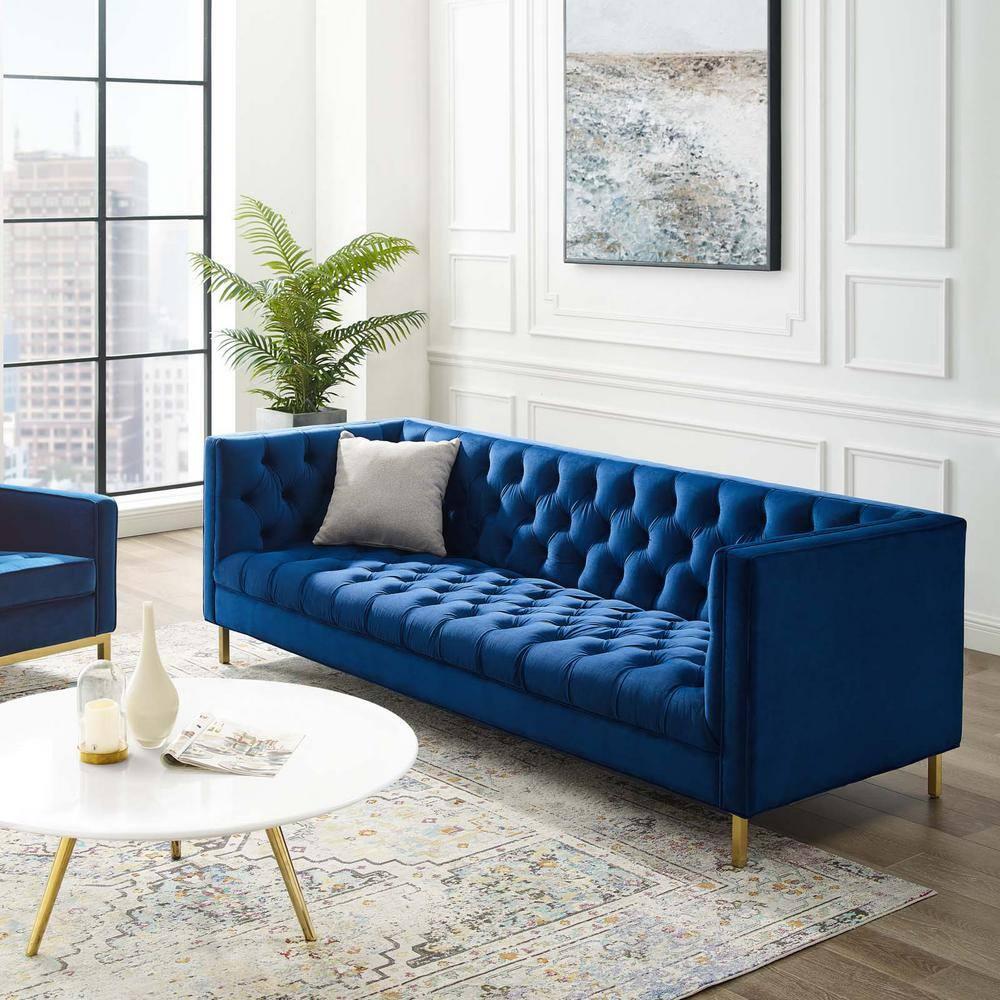 Modway Delight Tufted Button Performance Velvet Stainless Steel Sofa in Navy