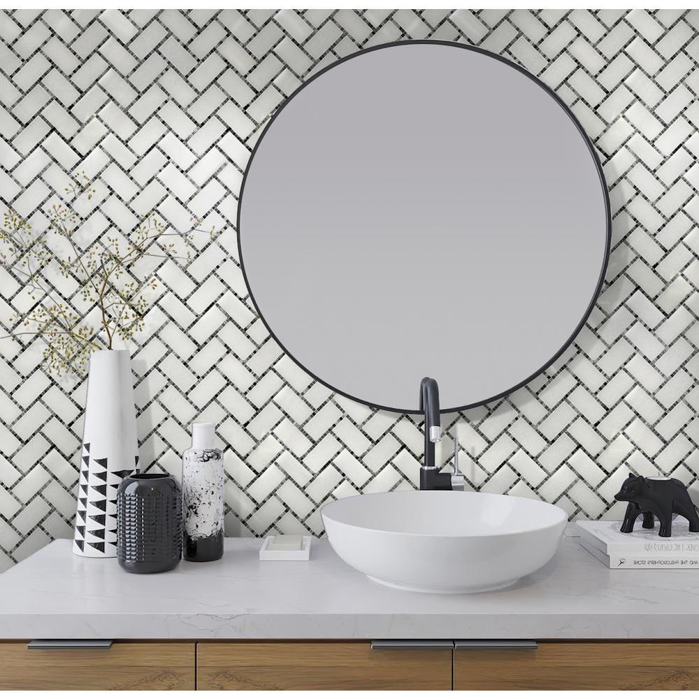 5 pack White and Gray 9.8 in. x 10.8 in. Polished Herringbone Marble Mosaic Floor and Wall Tile (3.68 sq. ft./Case)