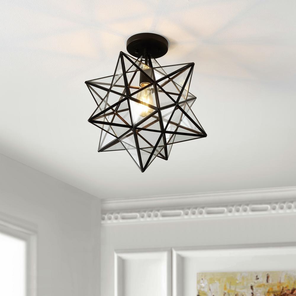 Ava 14.5" 1-Light Farmhouse Bohemian Iron/Glass LED Semi Flush Mount, Black/Clear