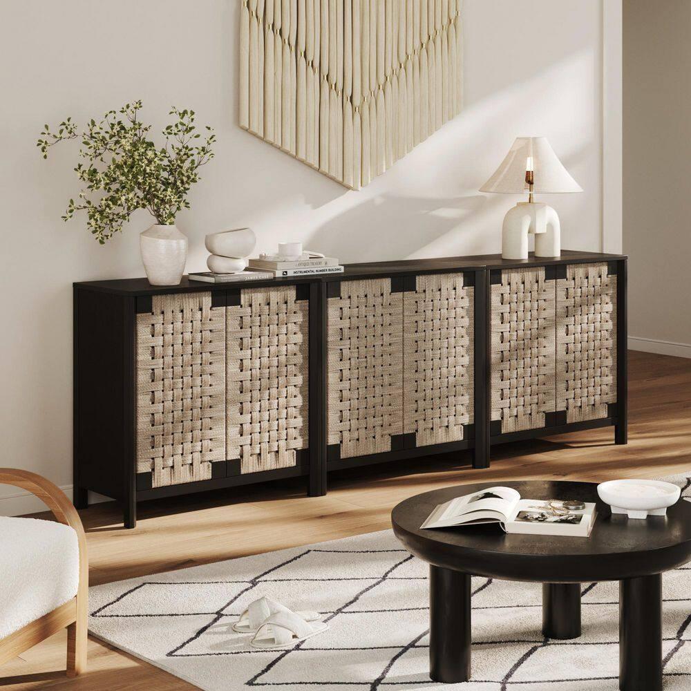 Nathan James Rustic Wood TV Stand Cabinet With Seagrass Door Panels