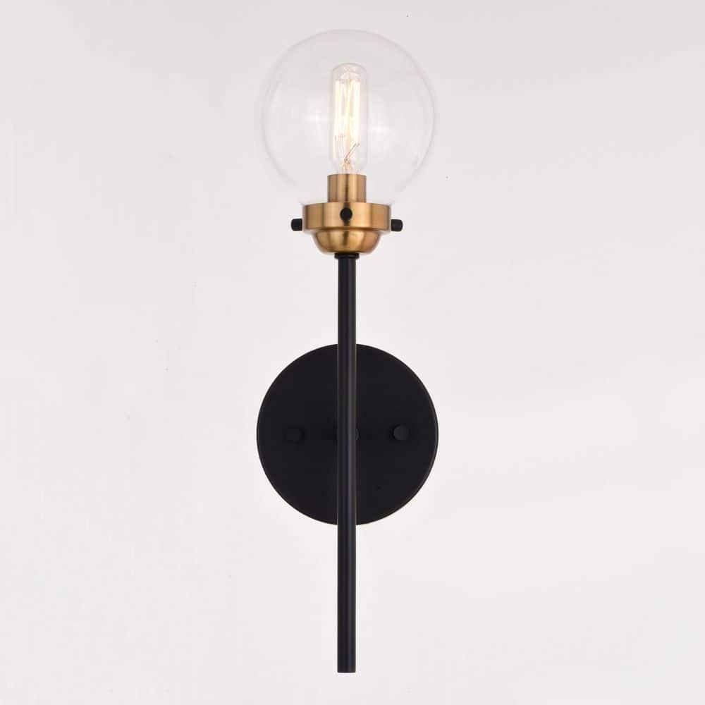 Vaxcel Orbit 1 Light Brass and Oil Rubbed Bronze Industrial MCM Wall Sconce Clear Glass Globe