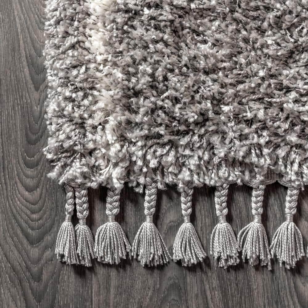 5'x8' Mercer Shag Plush Tassel Moroccan Geometric Trellis Area Rug, Grey/Cream - JONATHAN Y