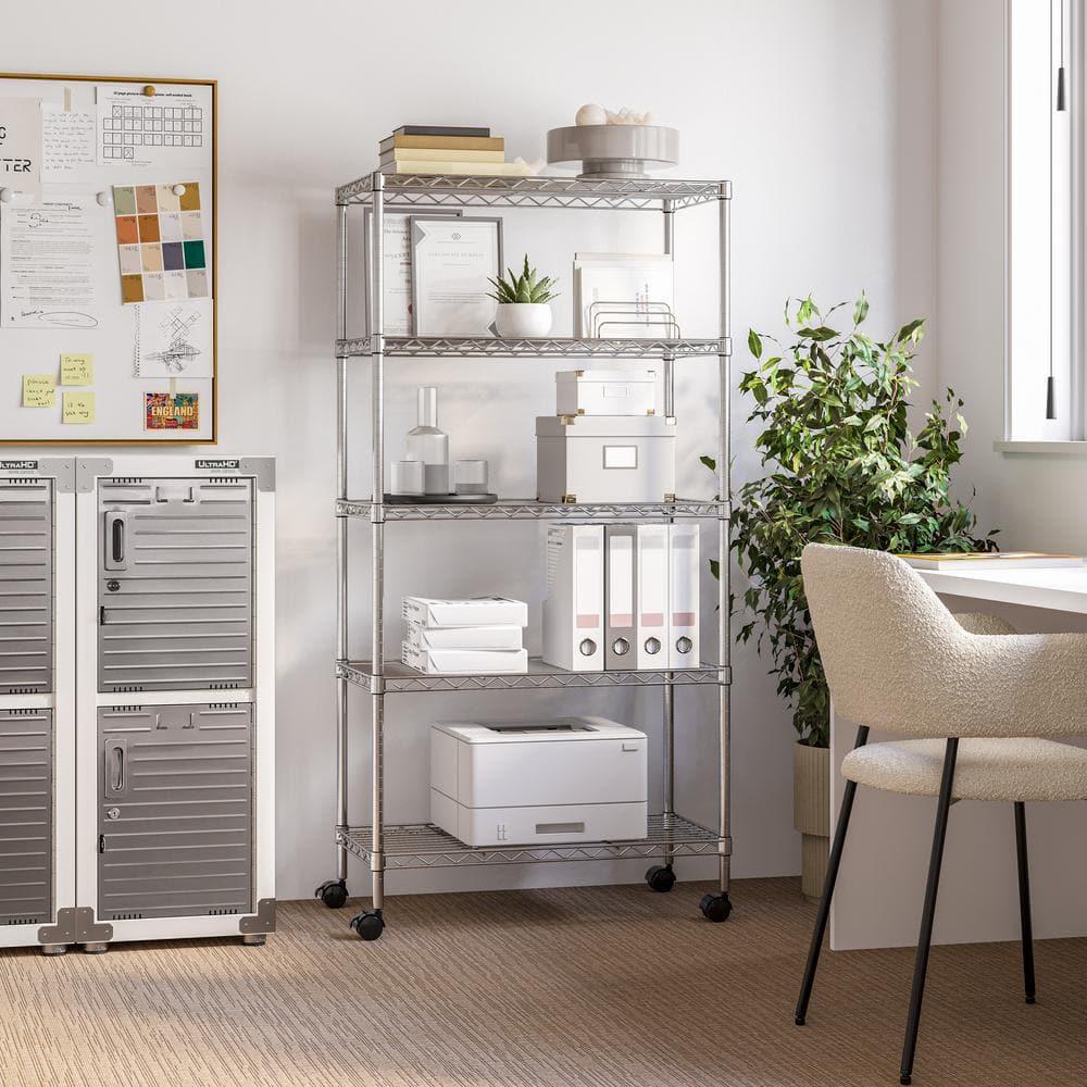 Seville Classics 5-Tier Steel Wire Shelving with Wheels, 30" W x 14" D x 60" H, Chrome Plated