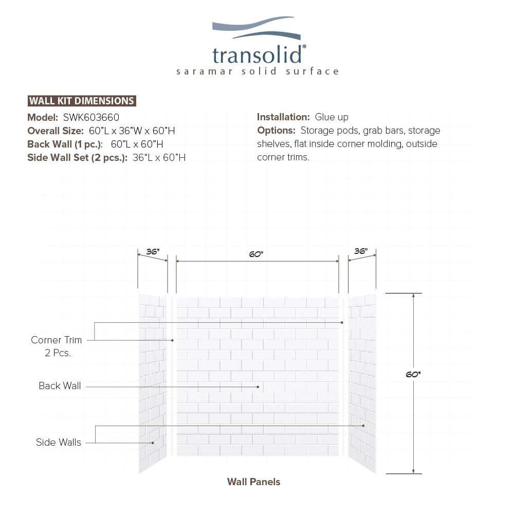 Transolid SaraMar 60'' W 36'' D 60'' H Glue Up Solid Surface Wall