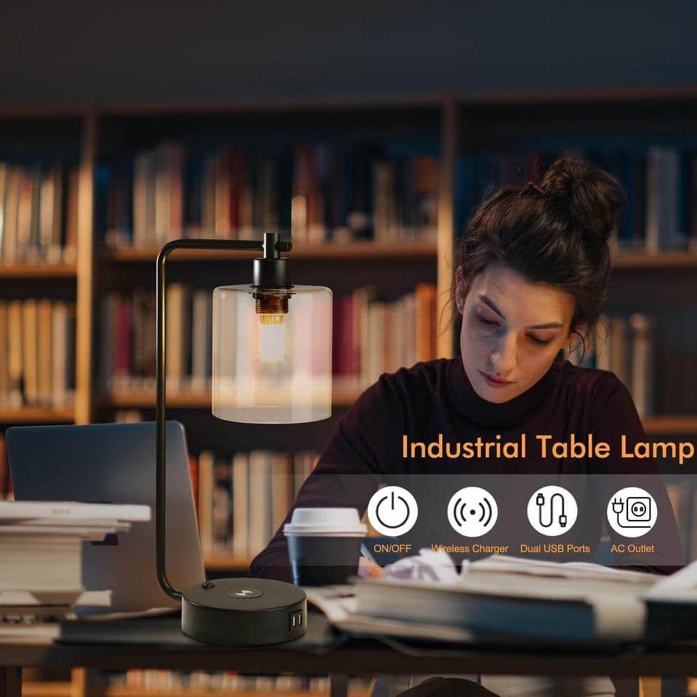 19" Clear Table Lamp with Wireless Charger and Glass Shade