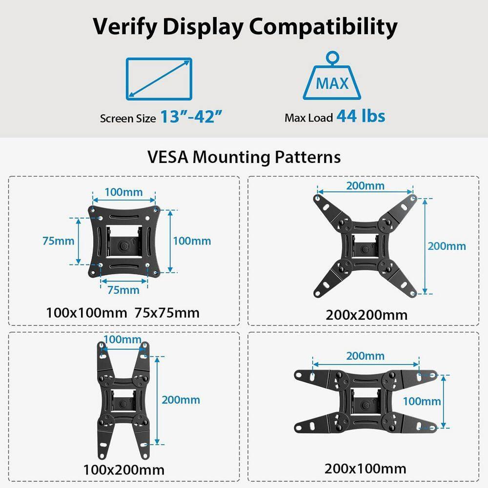 MountFTV Full Motion TV Wall Mount 360°Rotation Bracket for 13-42 Inch TVs and Monitors, Swivel Tilt Extension with Articulating Arms, Supports Up to 44 lbs, Max 200x200mm
