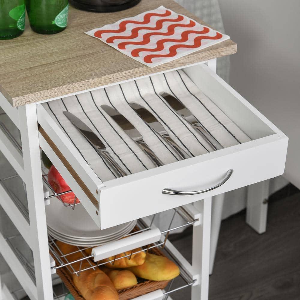 HOMCOM 32.25" Wooden Rolling Kitchen Storage Cart on 360° Swivel Wheels with Ample Storage Space & Solid Structure White