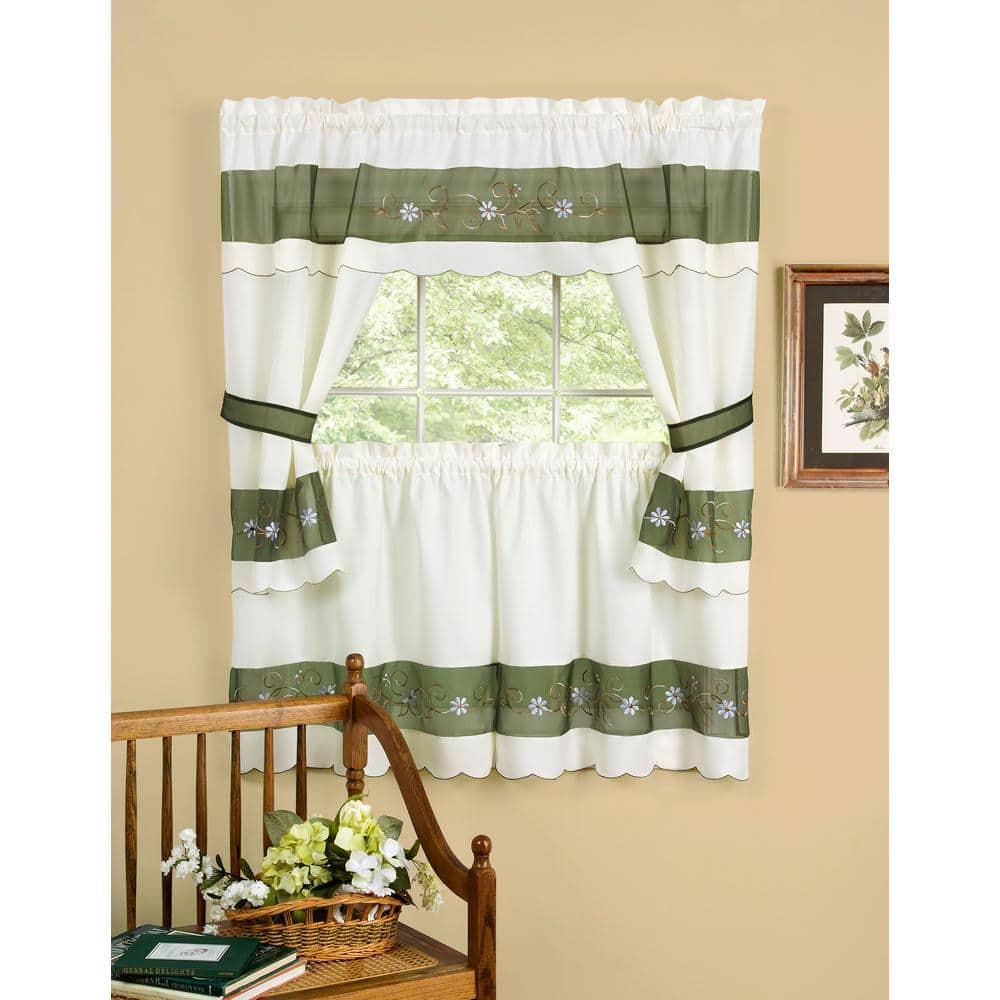 Home Furnishing Berkshire Window Curtains 3-Piece Embellished Cottage Set - 56" (W) x 24" (L) Complete Set, Green