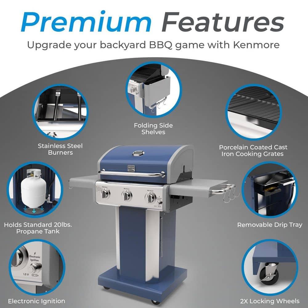 Kenmore 3-Burner Propane Gas Grill with Foldable Side Tables for Outdoor BBQ