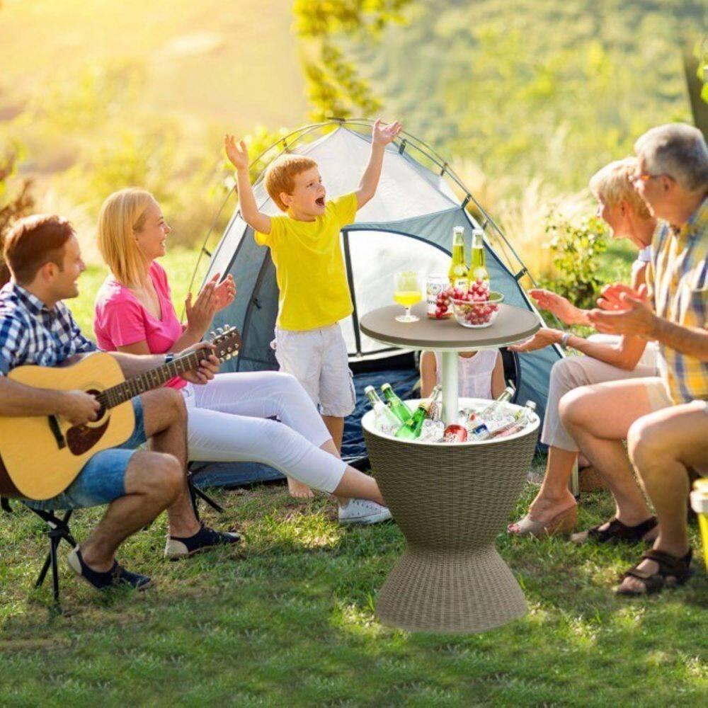 Demifill 3 In 1 8 Gallon Patio Rattan Cooler Bar Table with Adjust Ice Bucket, Outdoor Ice Cooler with Exquisite Wicker Outlook, Versatile Ice Cooler for Outdoor as Patio, Poolside, Brown