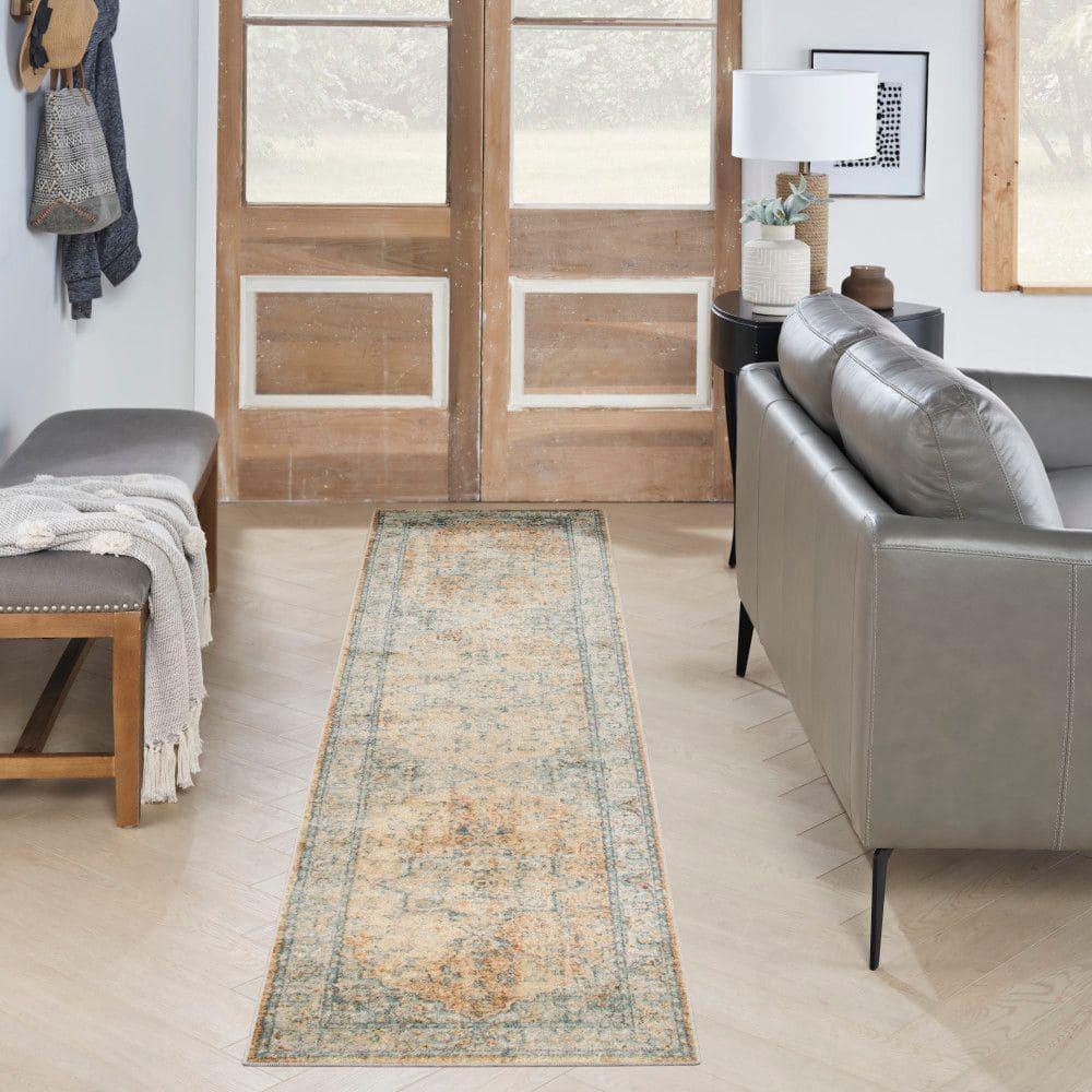 Nourison Astra Machine Washable Back to College 2'2" x 10' Beige Blue Vintage Indoor Flatweave Rug