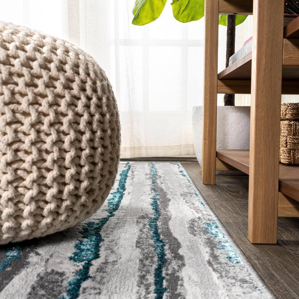 3'x5' Batten Modern Stripe Area Rug, Gray/Turquoise - JONATHAN Y