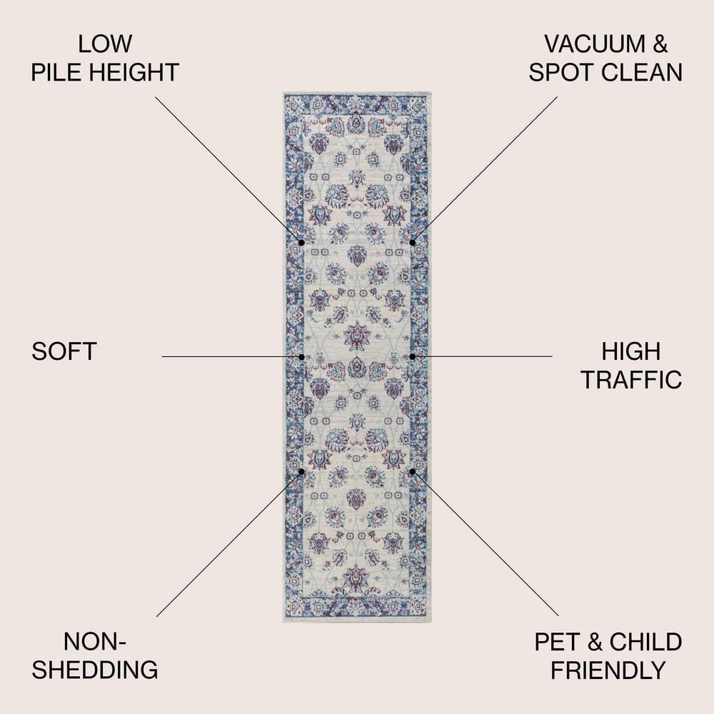 2'x8' Modern Persian Vintage Moroccan Traditional Area Rug, Cream/Navy - JONATHAN Y