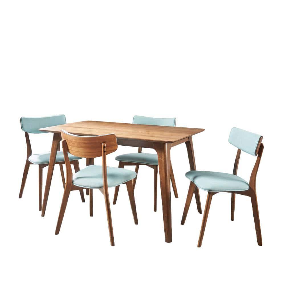 Christopher Knight Home 5pc Megann Mid Century Wood Dining Set Walnut/Mint: Polyester Upholstered Chairs, Rectangular Table