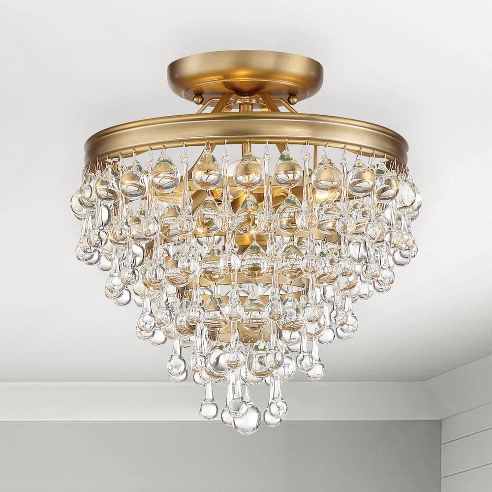 Vibrant Gold Crystal 3-Light Ceiling Mount with Clear Glass Drops