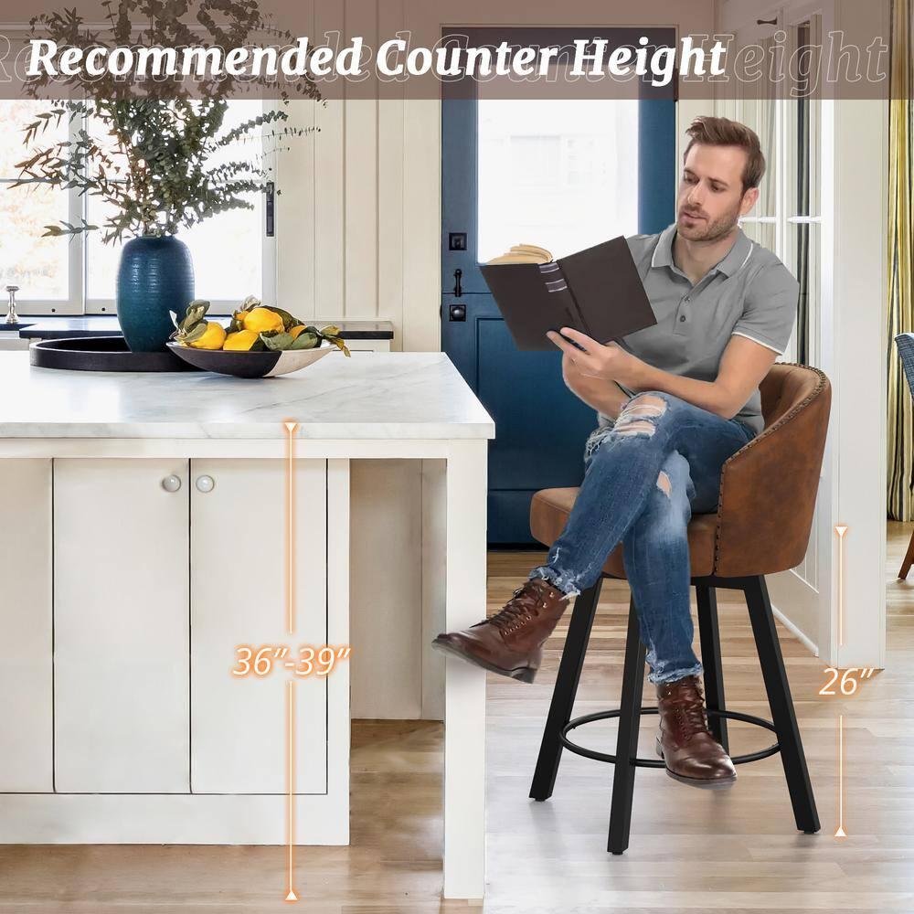 Dycanpo 26" Tall Counter Height Bar Stools Set of 4 with Back Faux Leather for Home Kitchen, Brown