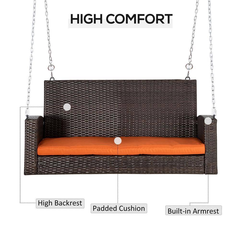 Outsunny 2-Person Wicker Hanging Porch Swing Bench, Front Porch Swing Outdoor Chair with Cushions 550lbs Weight Capacity for Backyard, Garden, Orange