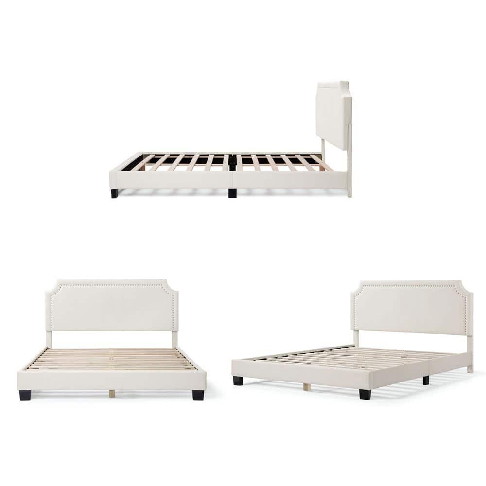 24/7 Shop At Home Queen Heartwild Modern Boucle Upholstered Nailhead Trim Platform Bed White: Polyester, Wood Frame, No Box Spring Needed