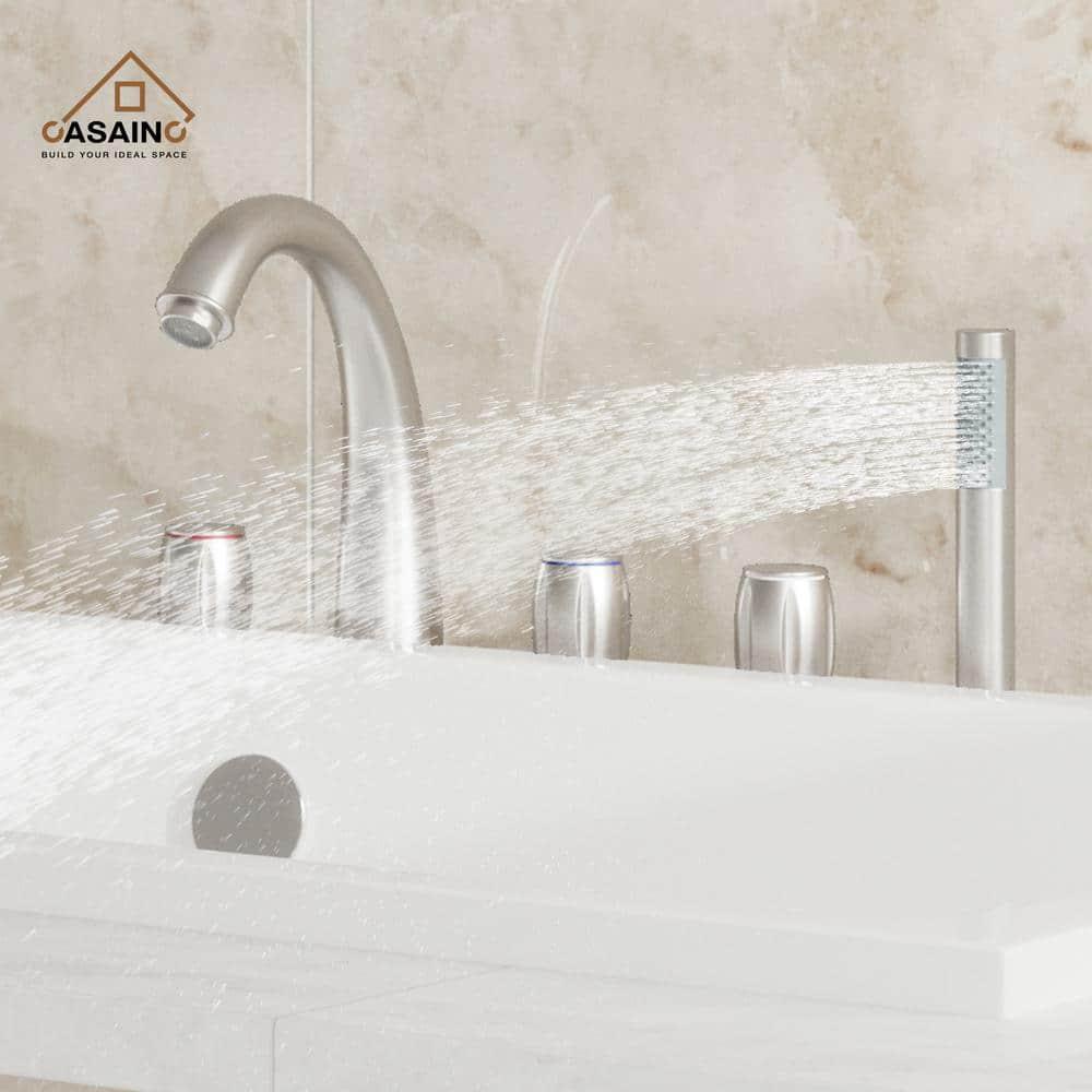 Brushed Nickel 3-Handle Deck Mount Roman Tub Faucet with Hand Shower