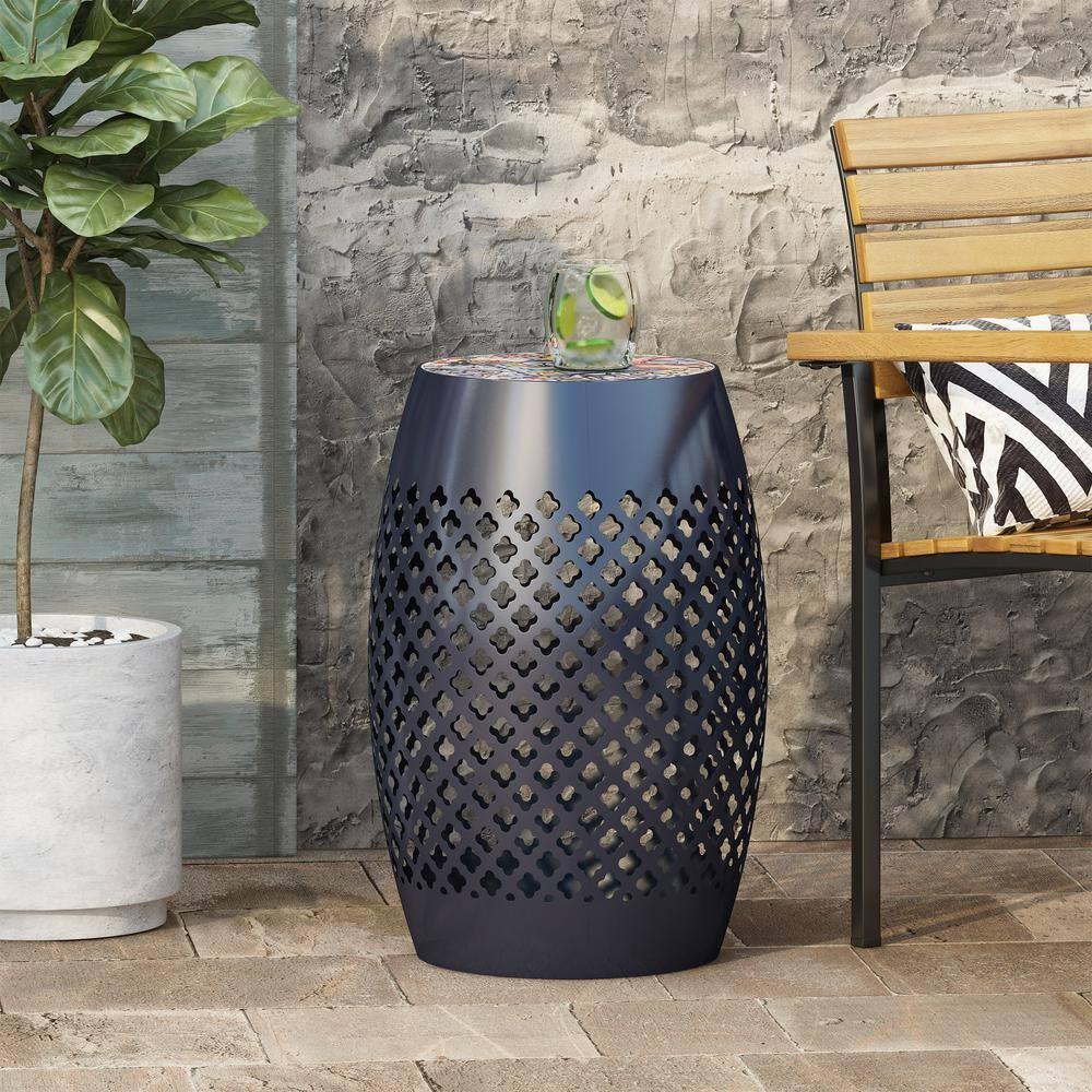 GDF Studio Kalyse Outdoor Lace Cut Side Table with Tile Top, Dark Blue and Multicolored