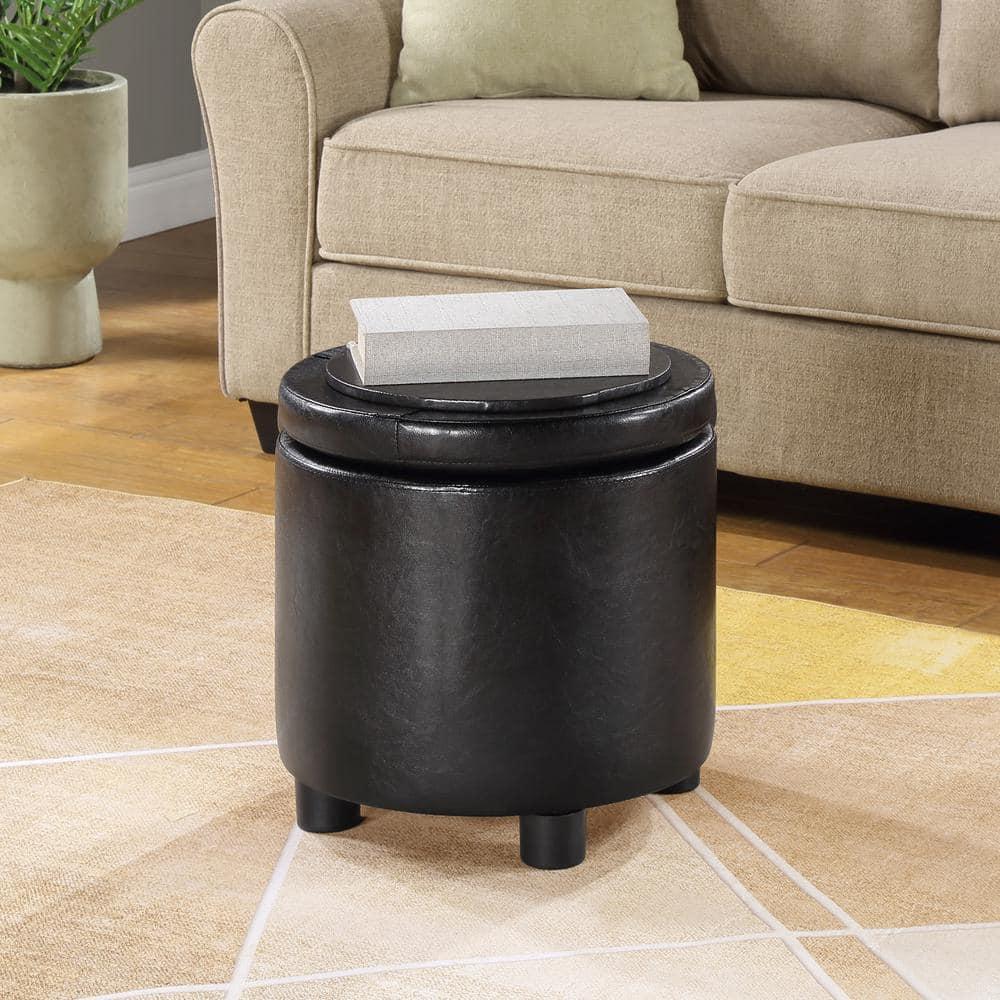 Convenience Concepts Designs4Comfort Round Accent Storage Ottoman with Reversible Tray Lid, Black Faux Leather