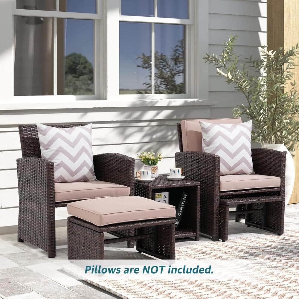 5-Piece Patio Conversation Set Balcony Furniture Set with Beige Cushions, Brown Wicker Chair with Ottoman, Storage Table for Backyard, Garden, Porch