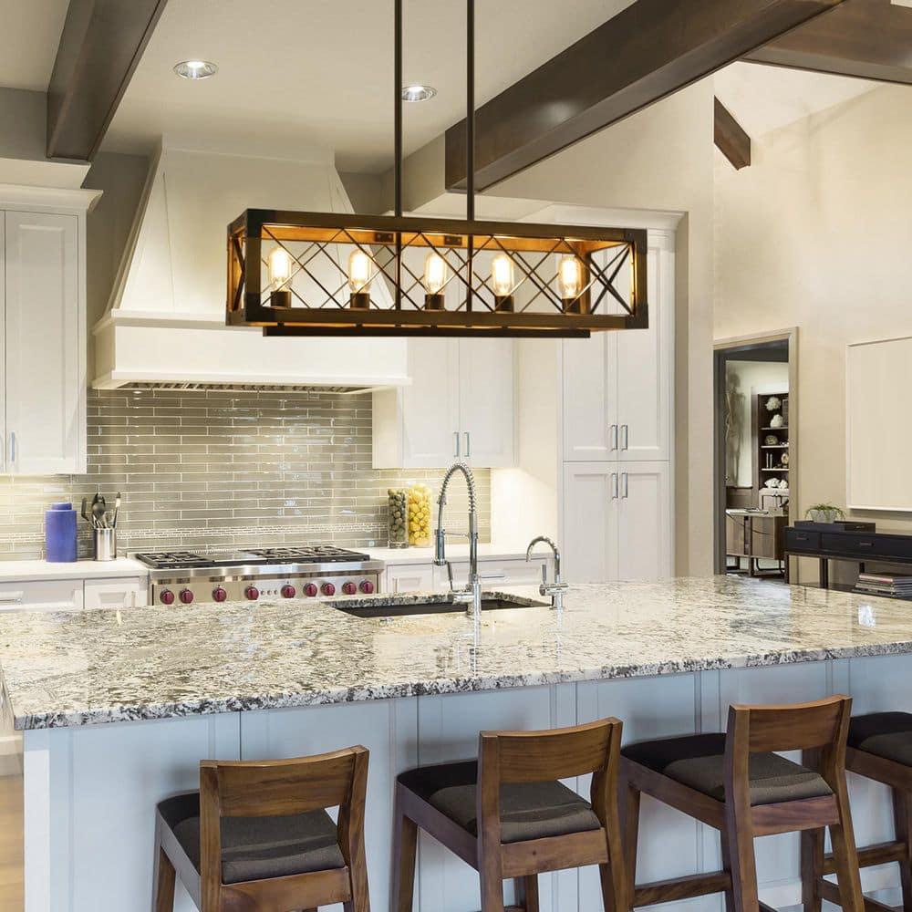 Farmhouse 5-Light Wood and Black Metal Chandelier, Rectangular Kitchen Island Light Fixture