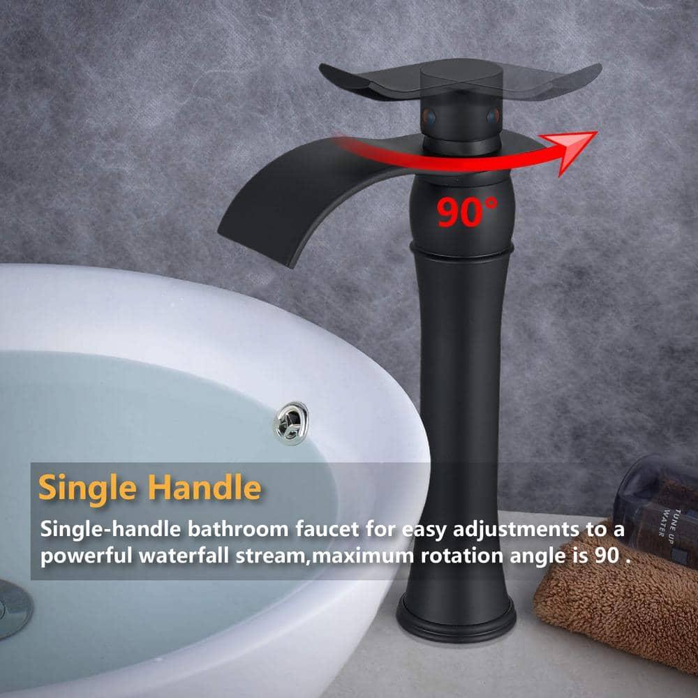 Homevacious Bathroom Vessel Sink Faucet Waterfall,Matte Black Bathroom Faucet Single Handle,Single Hole Bowl Vanity Sink Faucet,with Pop Up Drain and Supply Lines,Commercial Lavatory Mixer Tap