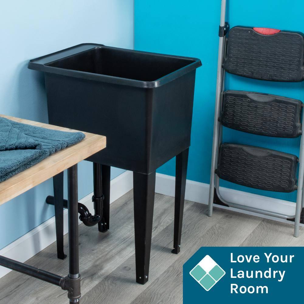 TEHILA Space Saver 16 Gallon Black Utility Sink with Black Steel Legs