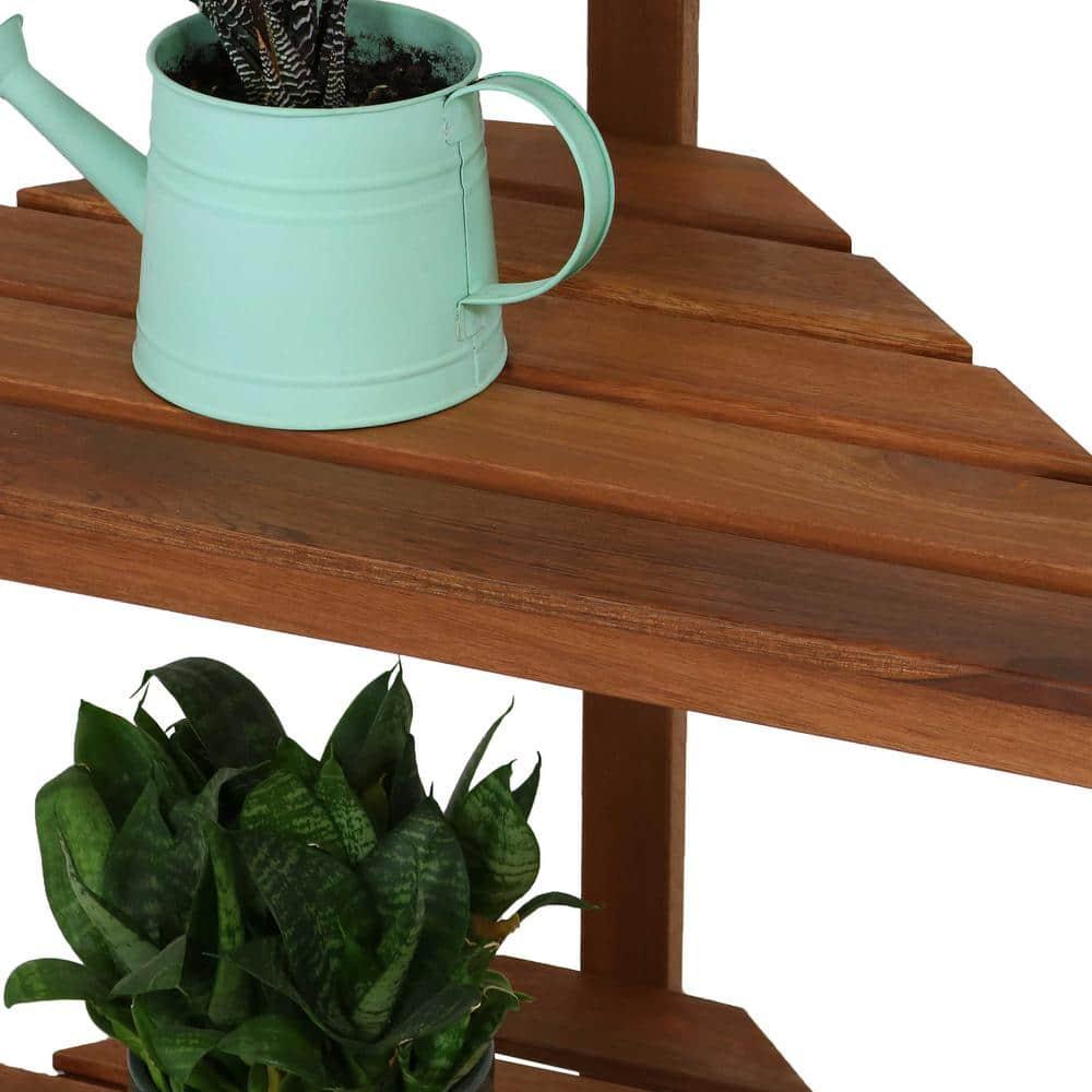 Sunnydaze Indoor/Outdoor Meranti Wood with Teak Oil Finish 3-Tiered Corner Flower Plant Stand Shelf Display - 36" - Brown