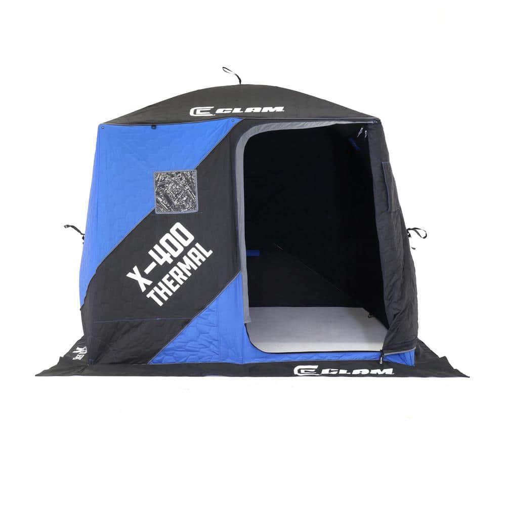 CLAM 17479 X-400 Portable 3 to 4 Person 8-Foot Pop-Up Ice Fishing Angler Thermal Hub Shelter Tent with Anchor Straps and Carrying Bag