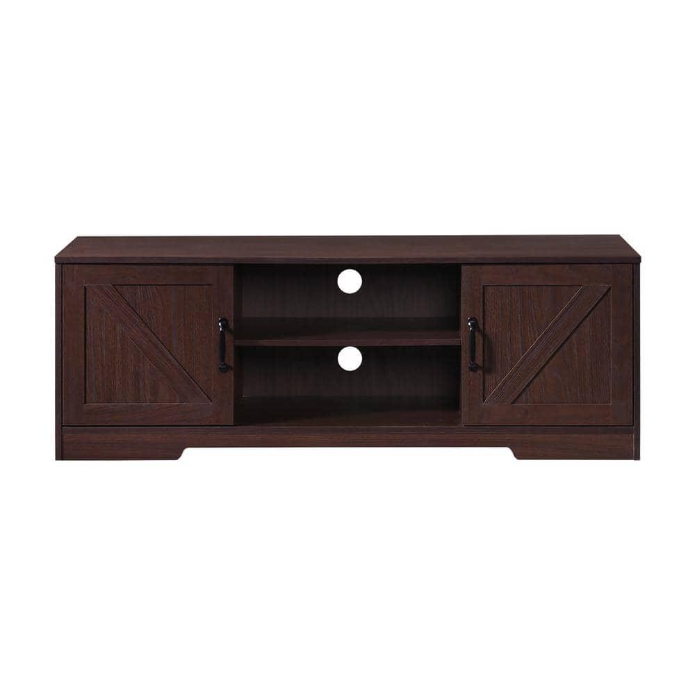 AndMakers 59 in. Farmhouse Walnut TV Stand For TVs Up To 59" with 2 Storage Cabinets, Wood Barn Door Media Television Console Table With Storage