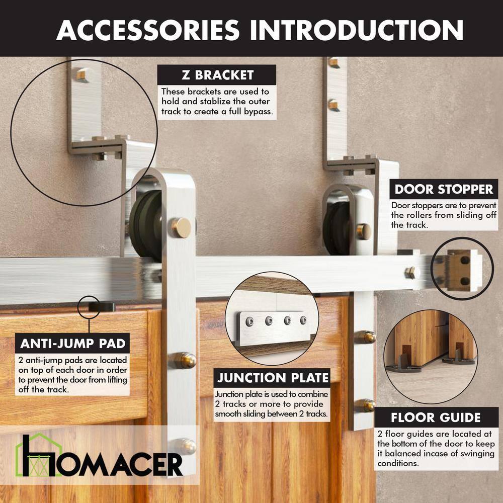 Homacer Brushed Nickel Double Track Z-Shape Bypass Sliding Barn Door Hardware Kit, for Two/Double Doors, 4ft Long Flat Track, Classic Design Roller, Heavy Duty, for Interior Use