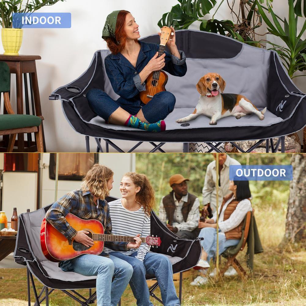 Slsy XXXL Double Camping Chair, Oversized Loveseat Camping Couch, Fully Padded Heavy Duty Outdoor Folding Chair w/ 2 Cup & Wine Glass Holder Support 900 lbs