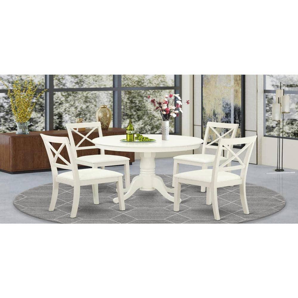 East West Furniture Antique 5-piece Dining Set with Leather Seat in Linen White