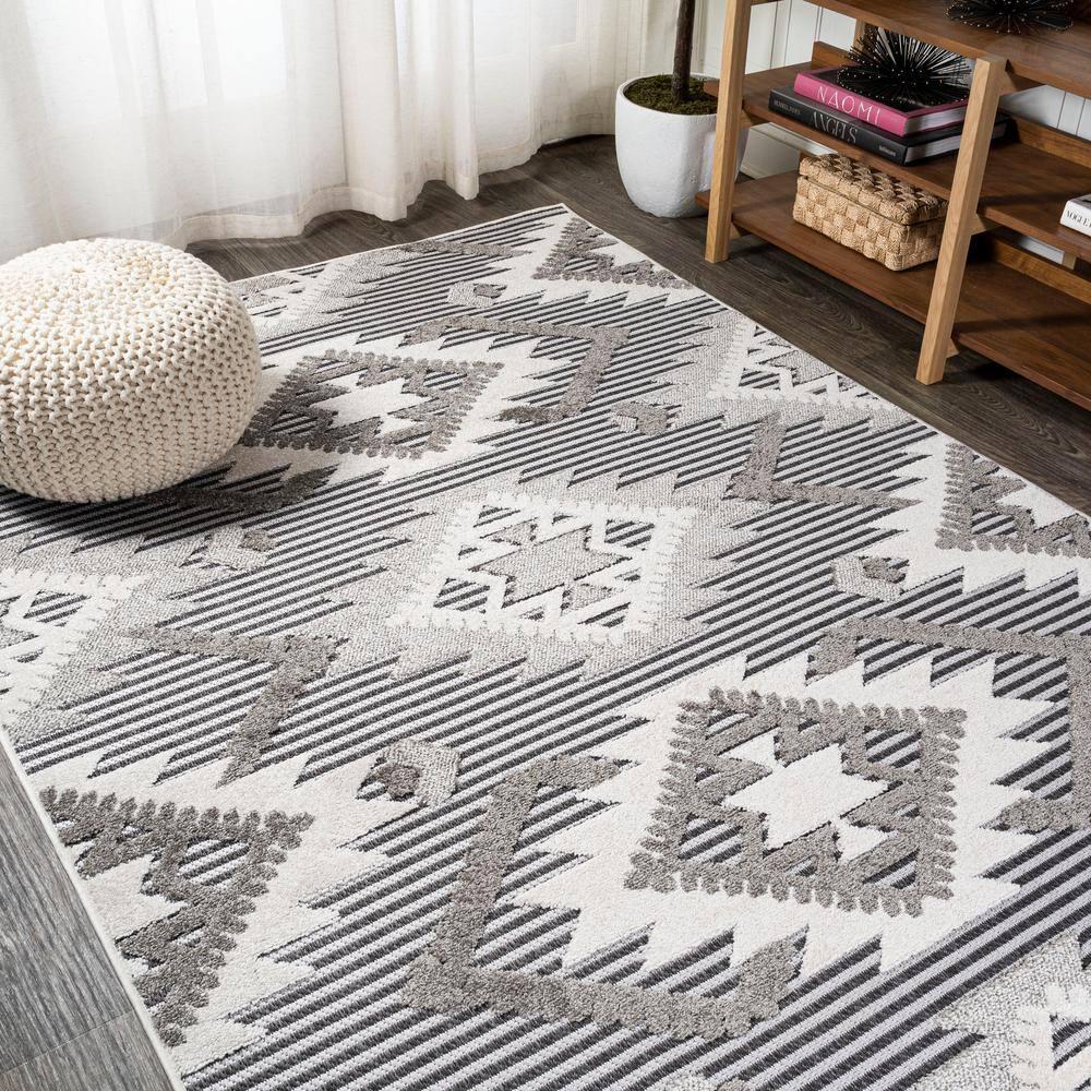 8'x10' Sumak High-Low Pile Neutral Diamond Kilim Indoor/Outdoor Area Rug, Gray/White/Black - JONATHAN Y