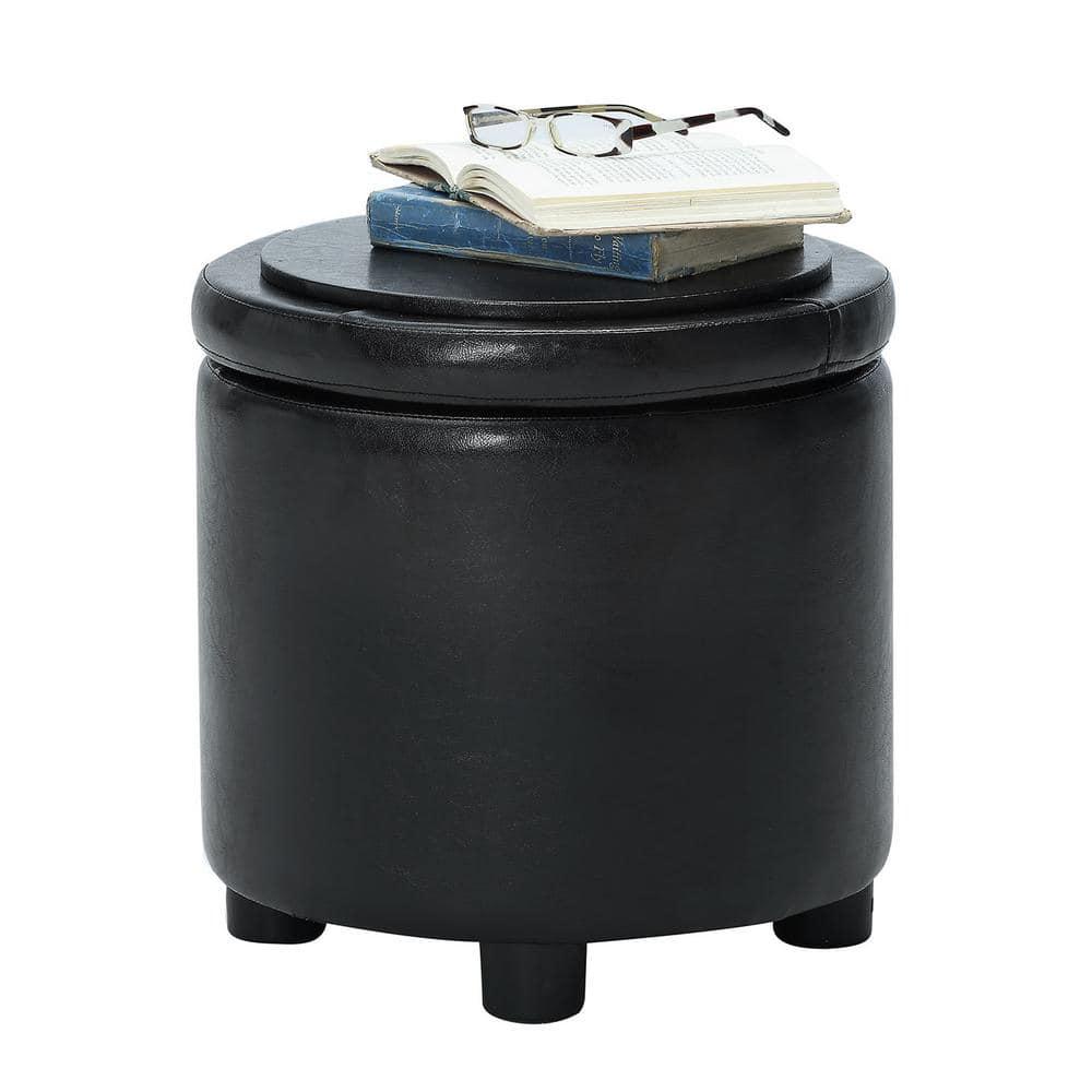 Convenience Concepts Designs4Comfort Round Accent Storage Ottoman with Reversible Tray Lid, Black Faux Leather