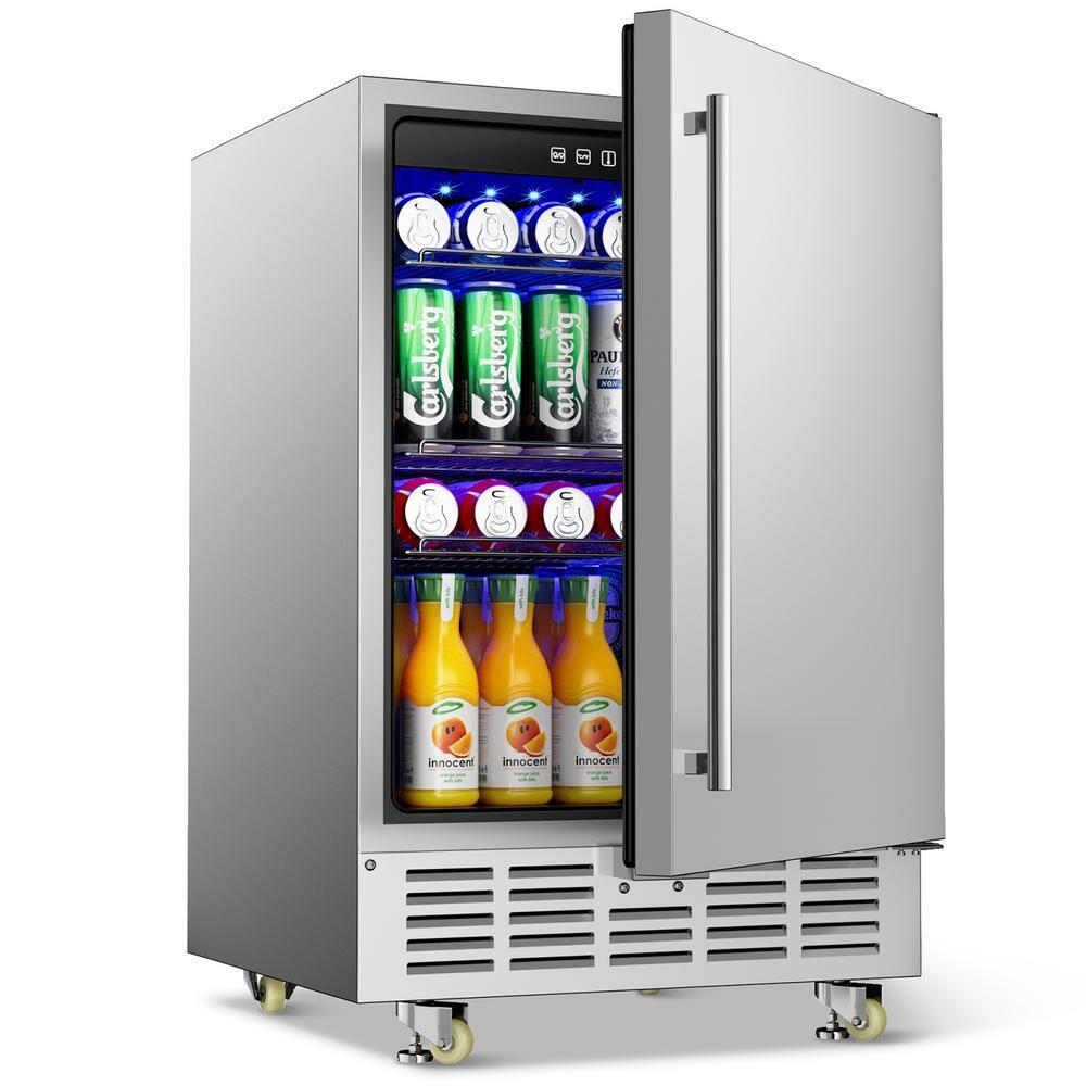 Rocita 24 Inch Outdoor Beverage Refrigerator Built-in and Freestanding Beverage Cooler with Safety Lock/Wheels 180 Cans