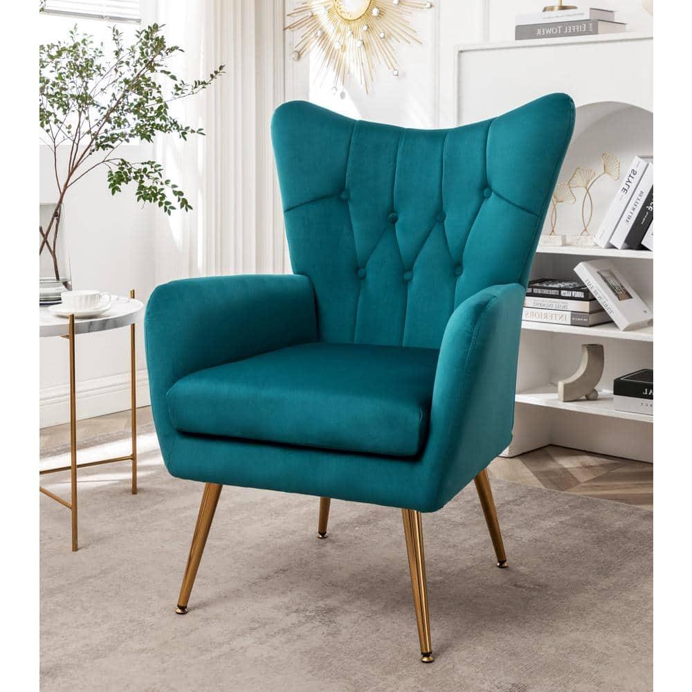 Modern Chic Mid-Century Velvet Accent Armchair for Living Room, Bedroom, or Home Office, Button-Tufted Wingback Design with Gold Flared Legs, Dark Teal