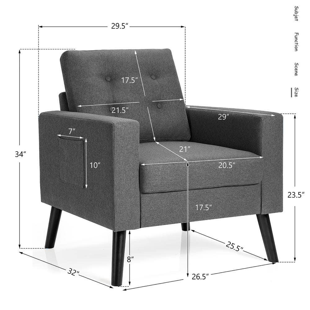 Modern Accent Armchair Upholstered Single Sofa Chair w/ 2-Side Pockets Grey