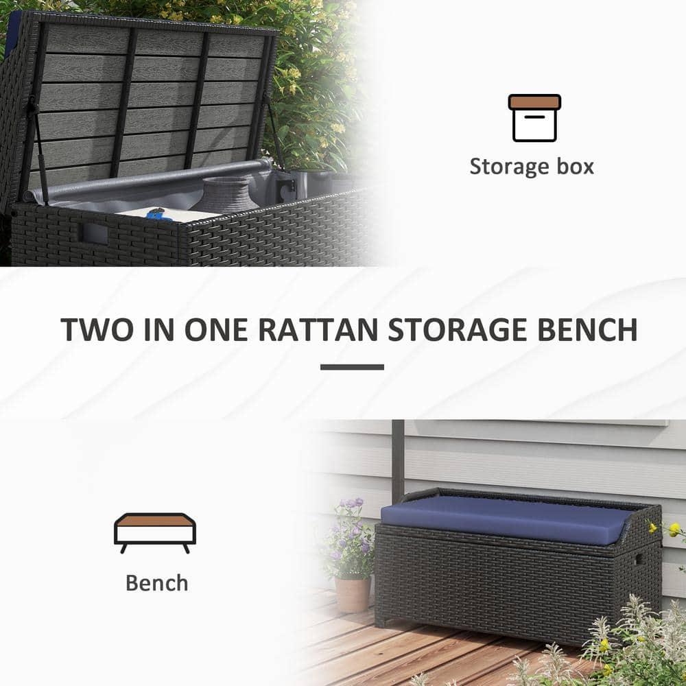 Outsunny Storage Bench Rattan Wicker Garden Deck Box Bin with Interior Waterproof Bag and Comfy Cushion, Navy Blue