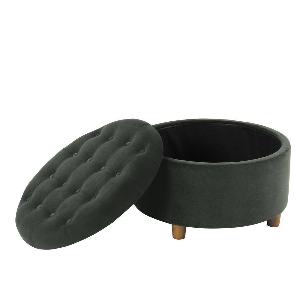 Tufted Round Storage Ottoman Loden Green Velvet - HomePop: Velvet Footstool, Honey Oak Legs, 250lb Capacity