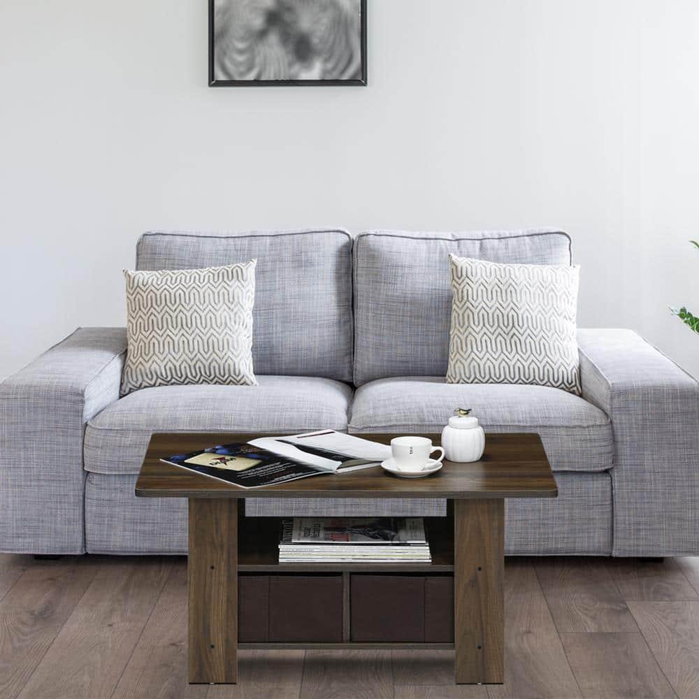 FETON Andrey Coffee Table with Bin Drawer, Columbia Walnut/Dark Brown